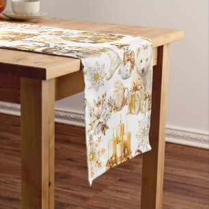 Gold and White Christmas Symbols Short Table Runner