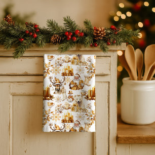 Gold and White Christmas Symbols Tea Towel