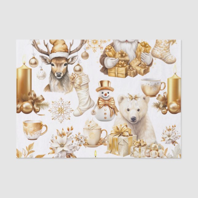 Gold and White Christmas Symbols Tissue Paper (Front)