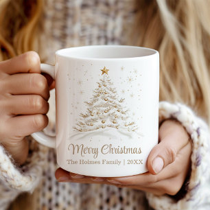 Gold and White Christmas Tree with Family Name Coffee Mug