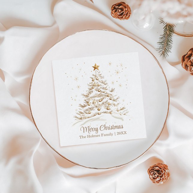Gold and White Christmas Tree with Family Name Napkin (Gold and White Christmas Tree with Family Name Napkins on a white Christmas table.)