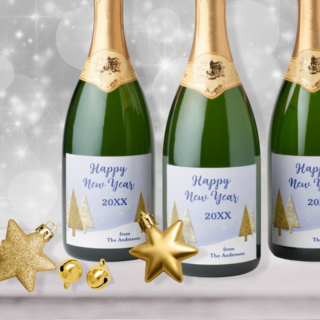 Gold and White Christmas Trees New Year Sparkling Wine Label (Creator Uploaded)