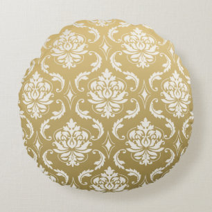 Gold and White Classic Damask Round Cushion