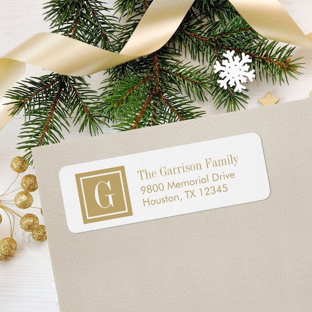 Gold and White Classic Square Monogram Address (Creator Uploaded)