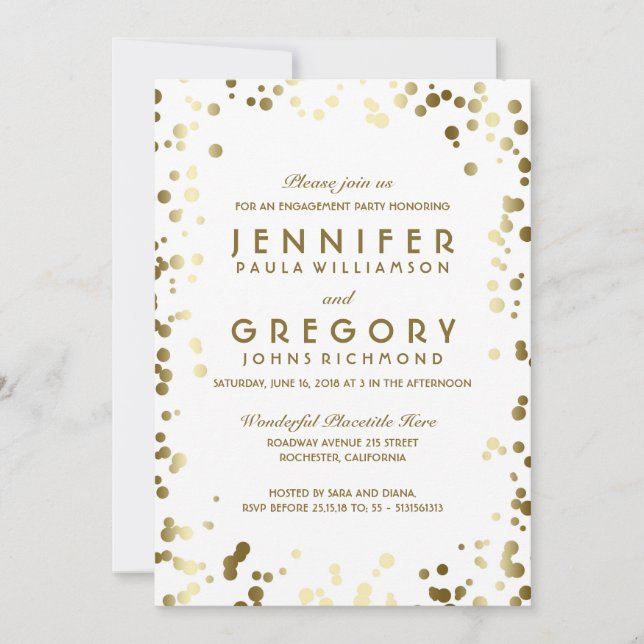 Gold and White Confetti Vintage Engagement Party Invitation (Front)