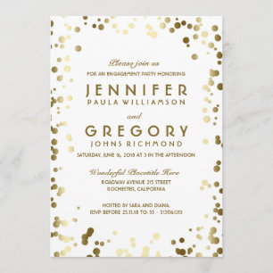 Gold and White Confetti Vintage Engagement Party Invitation
