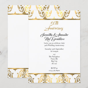 Gold and white damask 50th wedding anniversary invitation