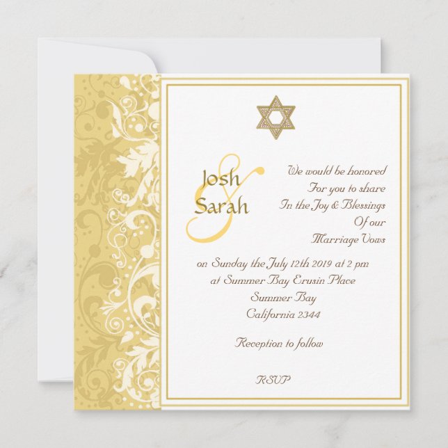 Gold and white damask brocade Jewish wedding Invitation (Front)