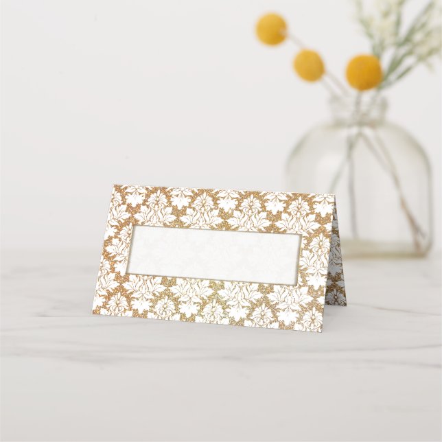 Gold and White Damask Wedding Folded Place Card (Front)