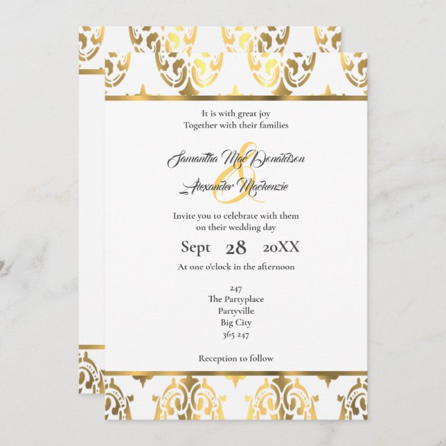 Gold and white damask wedding invitation (Front/Back)