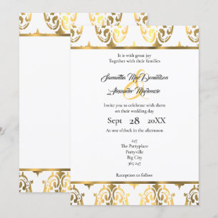 Gold and white damask wedding invitation