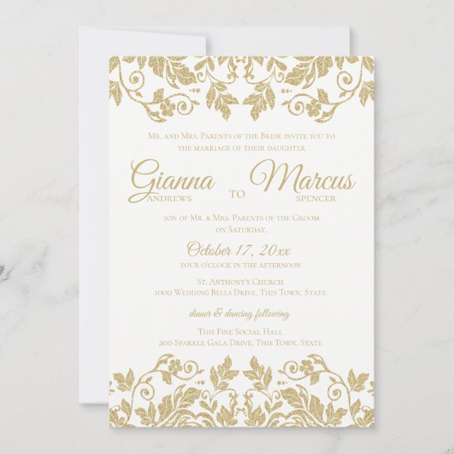 Gold and White Damask Wedding Invitation (Front)