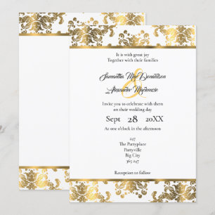Gold and white damask wedding invitation
