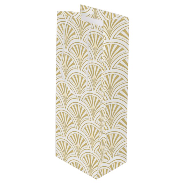 Gold and White Deco Fan Pattern Wine Gift Bag (Front Angled)