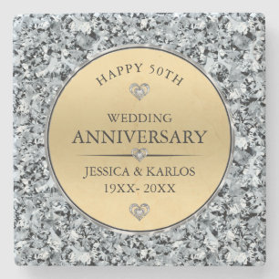 Gold and white diamonds 50th wedding anniversary stone coaster