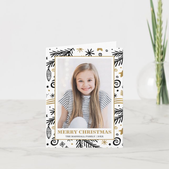 Gold and White doodle pine photo holidays Invitation (Front)