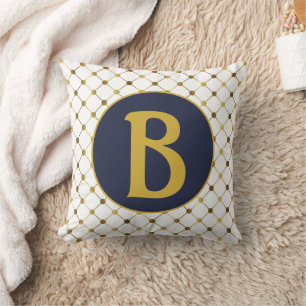 Gold and White Dot Grid Monogram Cushion