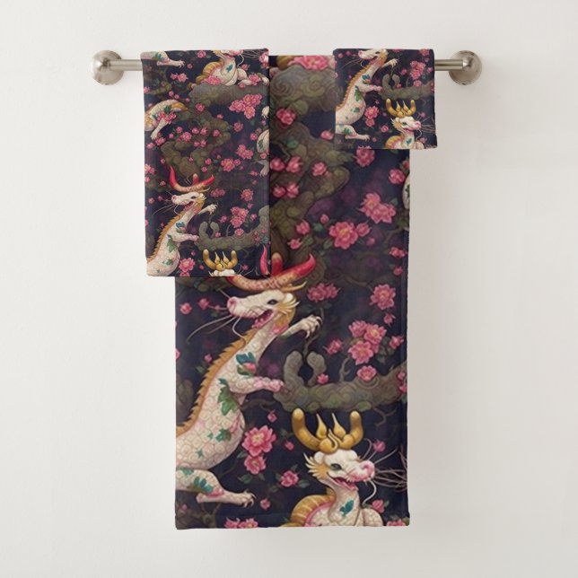 Gold and White Dragons with Cherry Blossoms Bath Towel Set (Insitu)