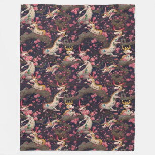 Gold and White Dragons with Cherry Blossoms Fleece Blanket