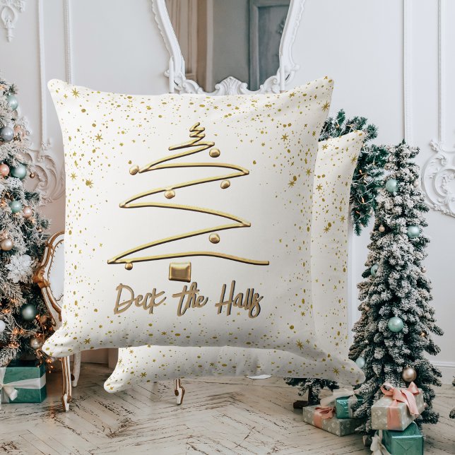 Gold and White, Elegant Christmas Tree Cushion (Gold and White, Elegant Christmas Tree Throw Pillow)