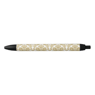 Gold and White Elegant Damask Pattern Black Ink Pen
