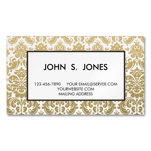 Gold and White Elegant Damask Pattern Magnetic Business Card (Front)