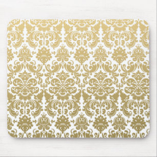 Gold and White Elegant Damask Pattern Mouse Mat