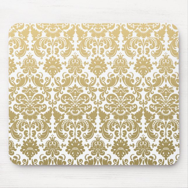 Gold and White Elegant Damask Pattern Mouse Mat (Front)