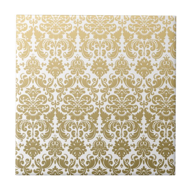 Gold and White Elegant Damask Pattern Tile (Front)