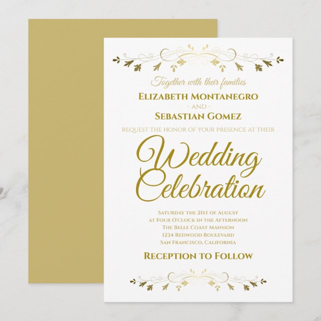 Gold and White Elegant Filigree Simple Wedding Invitation (Front/Back)