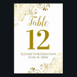 Gold and White Elegant Frilly Wedding Table Number<br><div class="desc">These beautiful wedding table number cards feature a simple yet elegant design with gold script calligraphy on a white background with a frilly gold faux foil floral filigree in the corners. Perfect way to make your wedding reception beautiful and help your guests find the right table at the same time....</div>