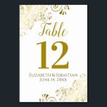 Gold and White Elegant Frilly Wedding Table Number<br><div class="desc">These beautiful wedding table number cards feature a simple yet elegant design with gold script calligraphy on a white background with a frilly gold faux foil floral filigree in the corners. Perfect way to make your wedding reception beautiful and help your guests find the right table at the same time....</div>