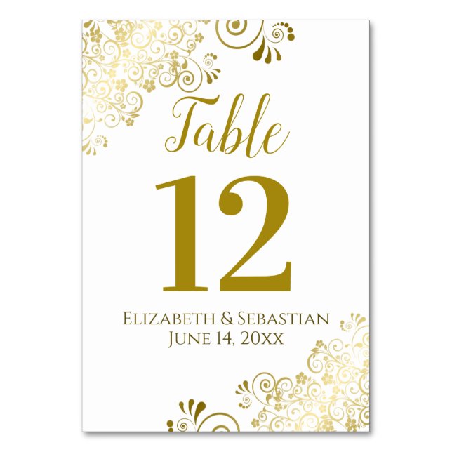 Gold and White Elegant Frilly Wedding Table Number (Front)