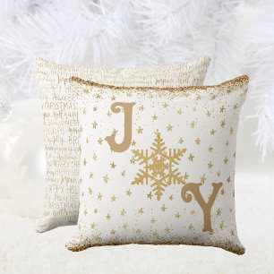 Gold and White, Elegant JOY Christmas Star Cushion