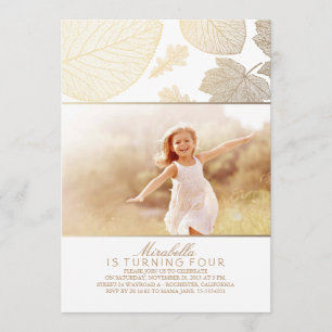 Gold and White Fall Leaves Photo Birthday Party Invitation