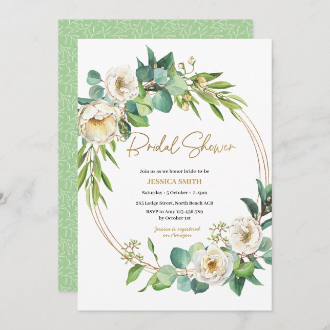 Gold and White floral Bridal Shower Invitation (Front/Back)