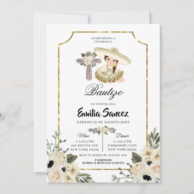 Gold and White Floral Girl Bautizo Invitacion Invitation (Front)