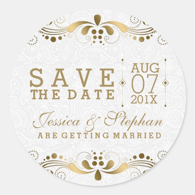 Gold And White Floral Lace Save The Date Classic Round Sticker (Front)