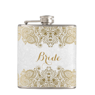 Gold And White Floral Paisley Lace Hip Flask