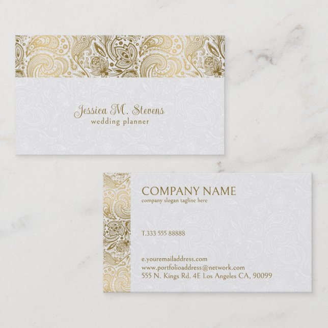 Gold And White Floral Paisley Wedding Planner Business Card (Front/Back)