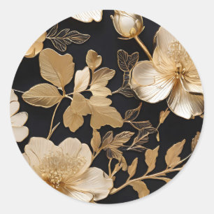 Gold And White Floral Pattern On Black Classic Round Sticker