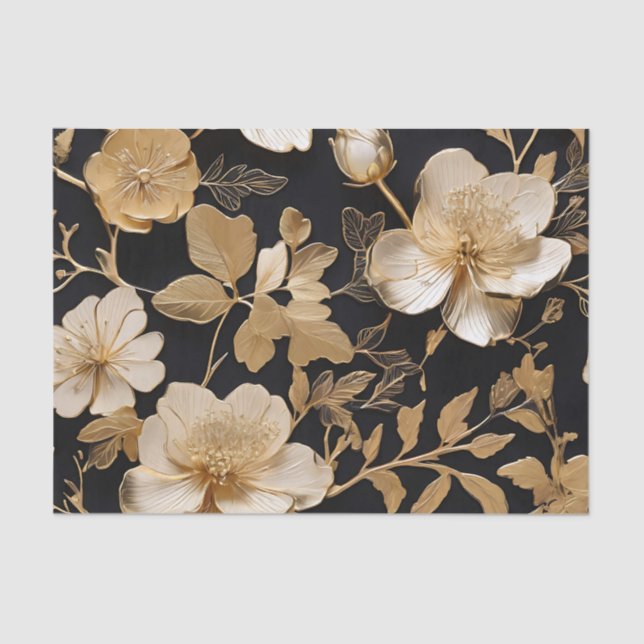Gold And White Floral Pattern On Black Tissue Paper (Front)