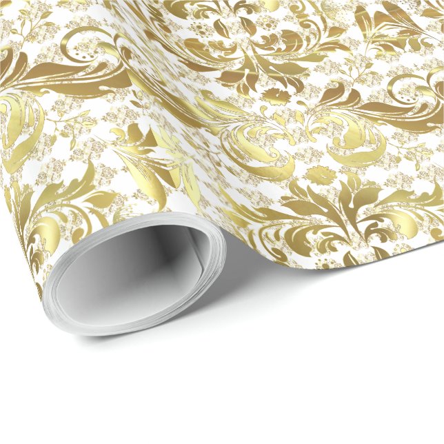 Gold And White Floral Pattern Wrapping Paper (Roll Corner)