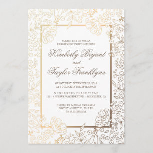 Gold and White Floral Vintage Engagement Party Invitation