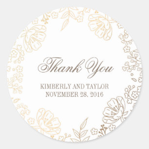 Gold and White Floral Vintage Wedding Thank You Classic Round Sticker