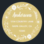 Gold and White Floral Wreath Return Address Classic Round Sticker<br><div class="desc">This customisable sticker featuring simple typography,  modern calligraphy and a rustic floral wreath.</div>
