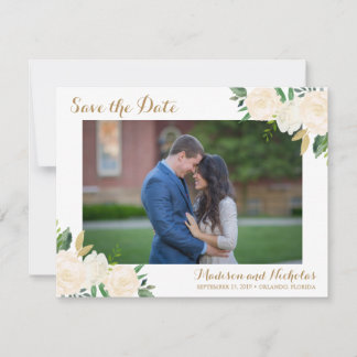 Gold and White Flower Photo Save the Date Cards