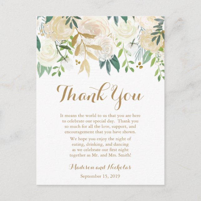 Gold and White Flower Place Setting Thank You Card (Front)