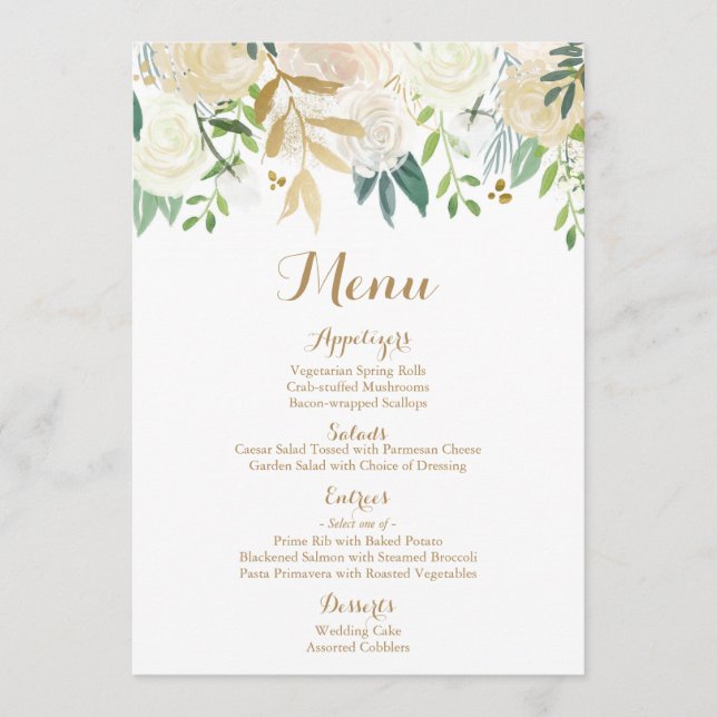 Gold and White Flower Wedding Menu Cards (Front)