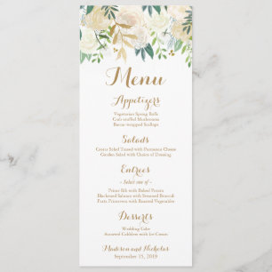 Gold and White Flower Wedding Menu Rack Cards